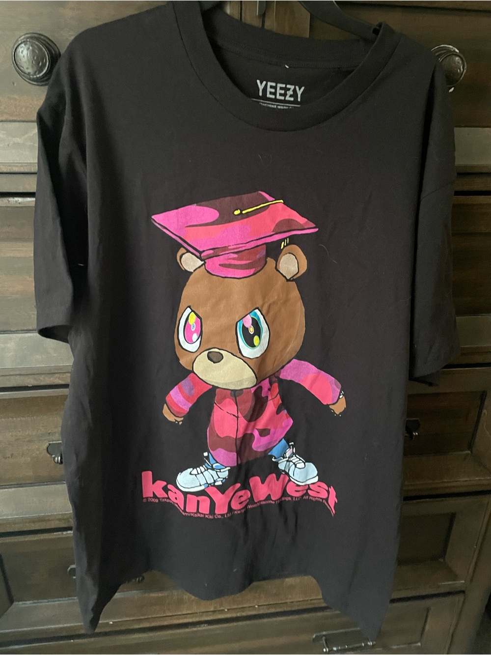 YEEZY - Black Graphic Tee with Pink Bear Design